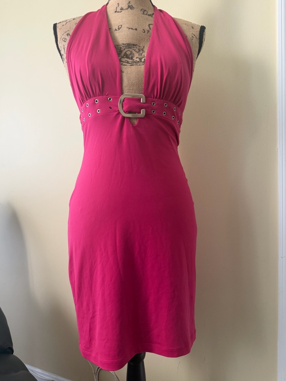 Cache Halter Fuchsia Dress with Buckle Waist